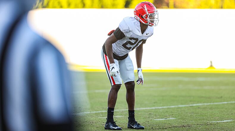 Georgia defensive back Major Burns (20) during the Bulldogs’ practice session Monday, Nov. 2, 2020, in Athens. (Tony Walsh/UGA Sports)