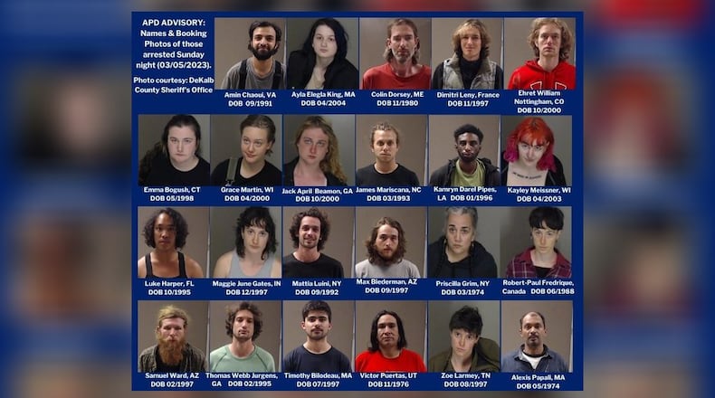 An array of the mug shots of those arrested March 5, 2023, at the site of the proposed Atlanta police training center.
