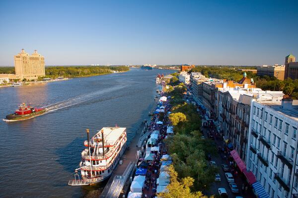 Aerial view of the Savannah River and River Street in Savannah, Georgia. 
(Courtesy of The Alida Hotel)