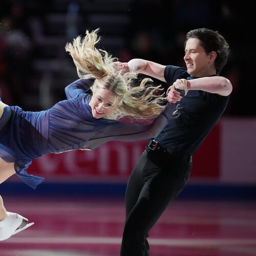 Emilea Zingas and Vadym Kolesnik skates during the "Making Team USA" performance at the U.S. Figure Skating Championships, Sunday, Jan. 11, 2026, in St. Louis. (AP Photo/Stephanie Scarbrough)