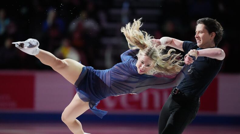 Emilea Zingas and Vadym Kolesnik skates during the "Making Team USA" performance at the U.S. Figure Skating Championships, Sunday, Jan. 11, 2026, in St. Louis. (AP Photo/Stephanie Scarbrough)
