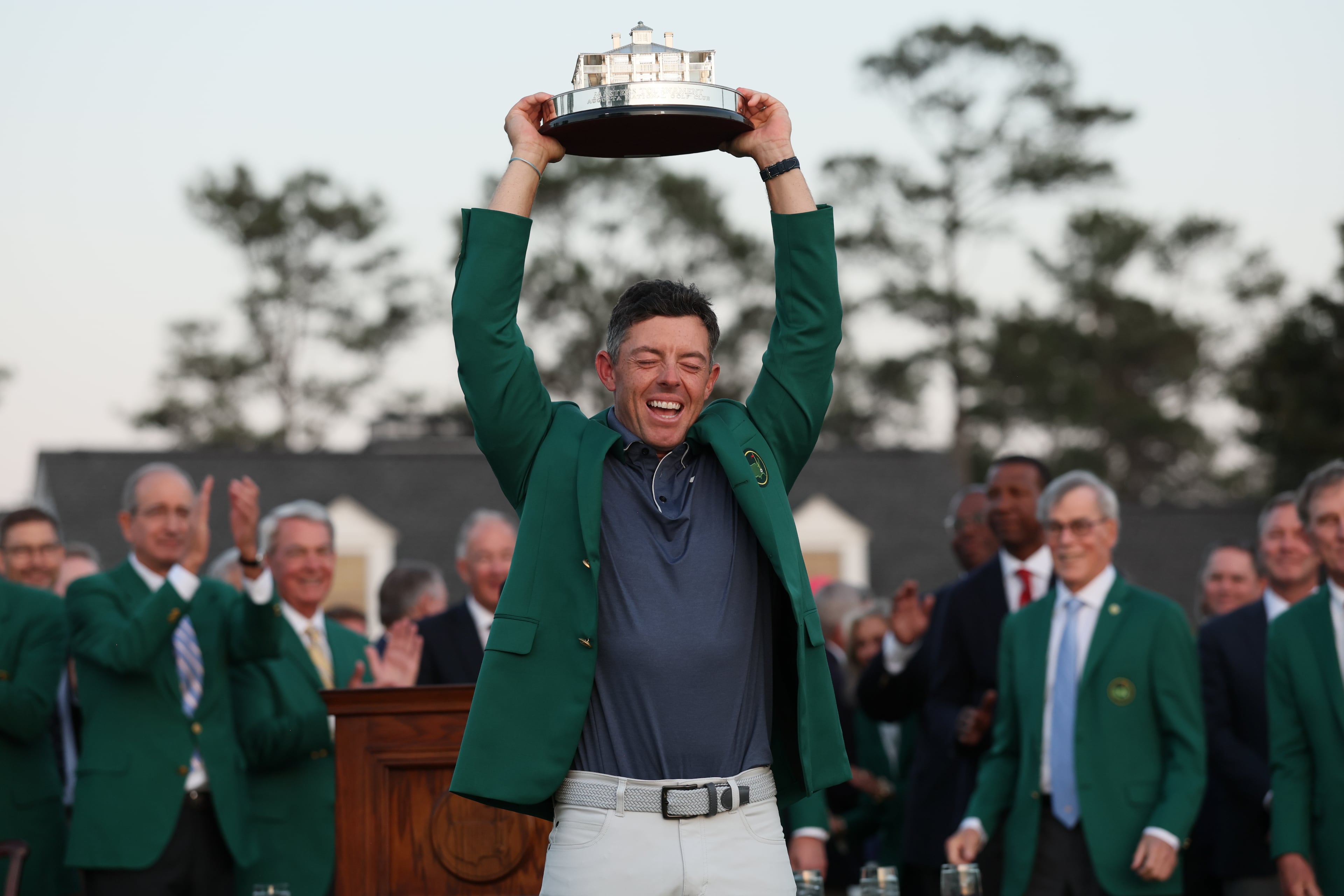 Rory McIlroy celebrates winning the Masters golf tournament at Augusta National Golf Club, Sunday, April 13, 2025, in Augusta, Ga. (Jason Getz / AJC)