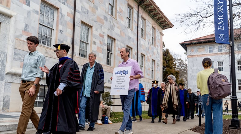 Emory University faculty members protest the university president's refusal to request police to drop charges against protesters arrested during the April 2024 pro-Palestinian protests on campus. Wednesday, February 5, 2025 (Ben Hendren for The Atlanta Journal-Constitution)