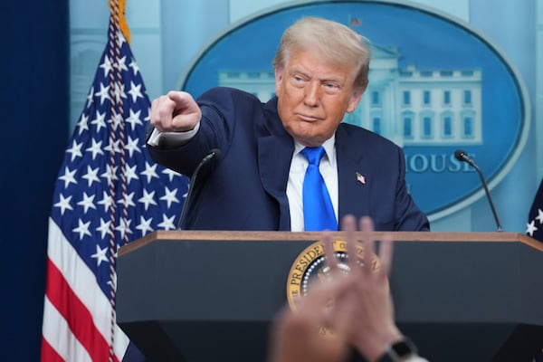 President Donald Trump points to a reporter to take a question as he speaks to the media, Friday, June 27, 2025, in the briefing room of the White House in Washington. (AP Photo/Jacquelyn Martin)