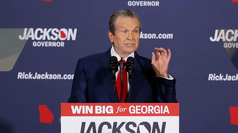Rick Jackson kicked off his Republican candidacy for governor at Jackson Healthcare in Alpharetta on Wednesday. (Miguel Martinez/AJC)