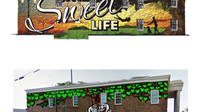 Two of seven mural designs being considered for the former City Hall in downtown Sugar Hill. Cast your vote at www.cityofsugarhill.com. Courtesy of City of Sugar Hill