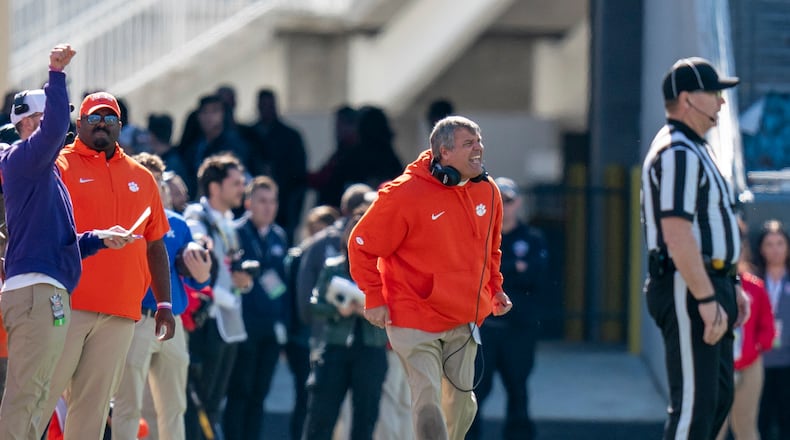 Former Georgia offensive line coach Matt Luke, who stepped away to spend more time with family in 2022, has reemerged as line coach for the Clemson Tigers. Those two teams will clash on Aug. 31 in the Aflac Kickoff game at Mercedes-Benz Stadium. (Photo by David Platt/Clemson Athletics)