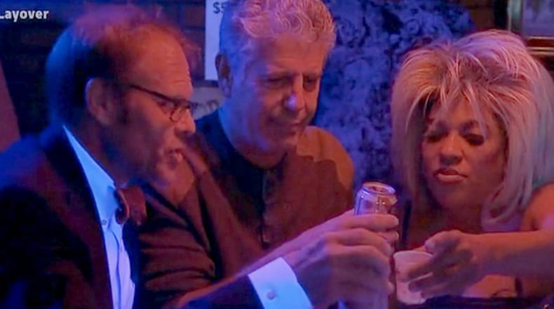 Anthony Bourdain (center) with Alton Brown (left) and Blondie at the Clermont Lounger for the Travel Channel show "The Layover."