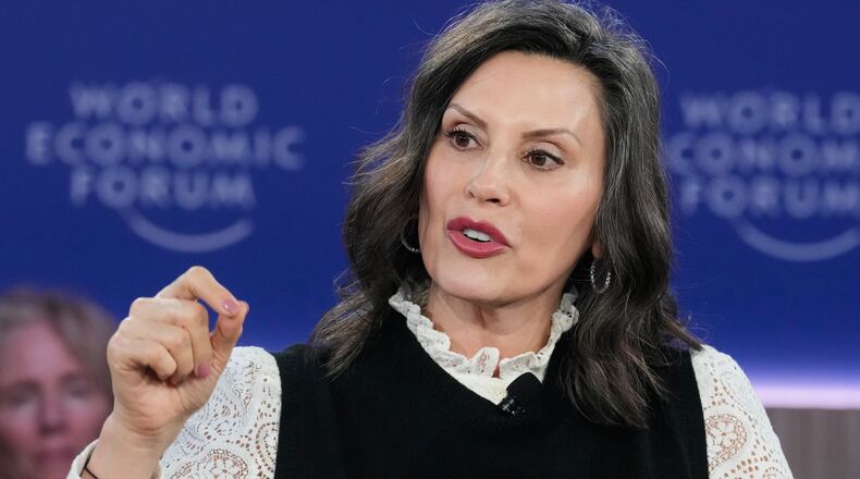 FILE - Michigan Gov. Gretchen Whitmer speaks during the Annual Meeting of the World Economic Forum in Davos, Switzerland, Jan. 21, 2026. (AP Photo/Markus Schreiber, File)