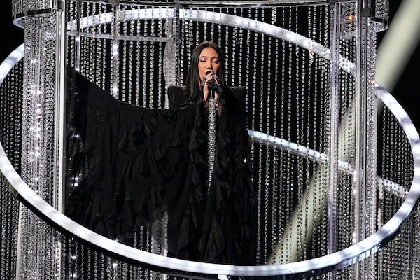 Yuval Raphael from Israel performs the song "New Day Will Rise" during the second semi-final of the 69th Eurovision Song Contest, in Basel, Switzerland, Thursday, May 15, 2025. (AP Photo/Martin Meissner)