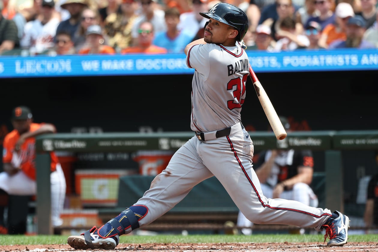 Atlanta Braves' Drake Baldwin hits a single during the third inning of a baseball game against the Baltimore Orioles, Sunday, July 26, 2026, in Baltimore. (AP Photo/Daniel Kucin Jr.)