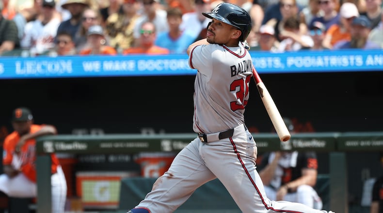 Atlanta Braves' Drake Baldwin hits a single during the third inning of a baseball game against the Baltimore Orioles, Sunday, July 26, 2026, in Baltimore. (AP Photo/Daniel Kucin Jr.)