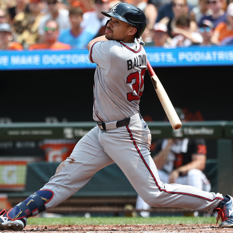 Atlanta Braves' Drake Baldwin hits a single during the third inning of a baseball game against the Baltimore Orioles, Sunday, July 26, 2026, in Baltimore. (AP Photo/Daniel Kucin Jr.)