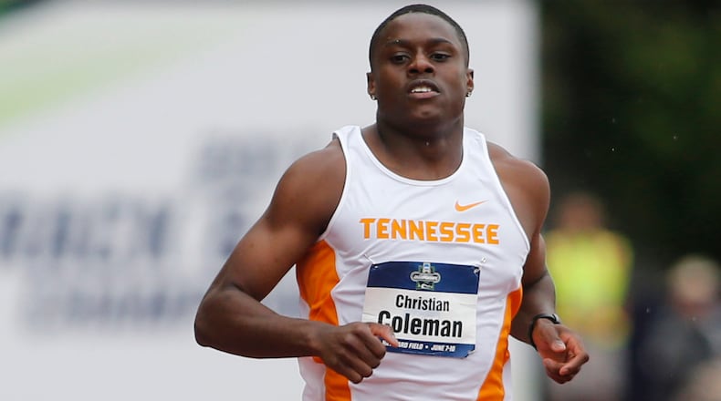 Tennessee's Christian Coleman  ran a 9.82 in the 100 meters at the NCAA outdoor track and field championships in Eugene, Ore., on Wednesday, June 7, 2017.