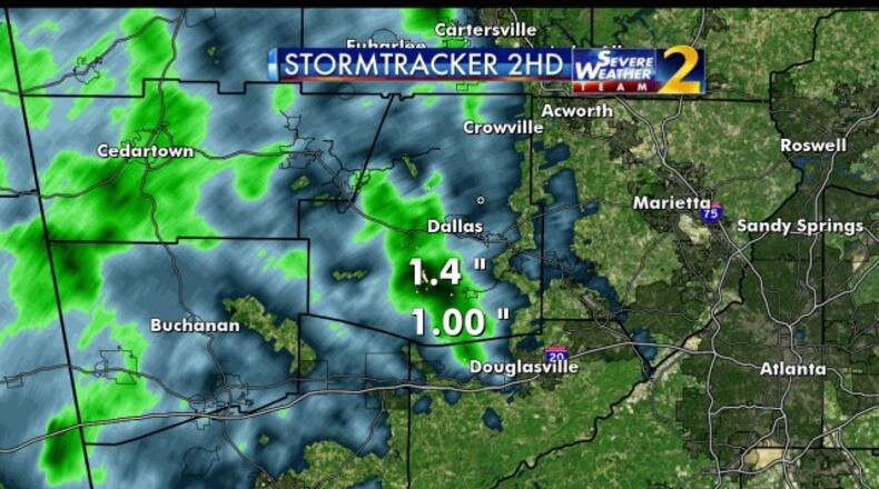 Slow-moving storms and downpours drop 1.09 inches of rain in Rockmart, 1.24 inches of rain in Powder Springs and 1.05 inches of rain in Douglasville Sunday afternoon. (Credit: Channel 2 Action News)
