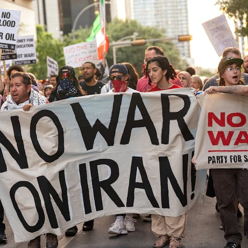 FILE - Protesters march in the streets of downtown Austin, Texas, to show opposition to the U.S.-Israeli war in Iran, during a demonstration organized by the Austin for Palestine Coalition, April 8, 2026. (Mikala Compton/Austin American-Statesman via AP, File)