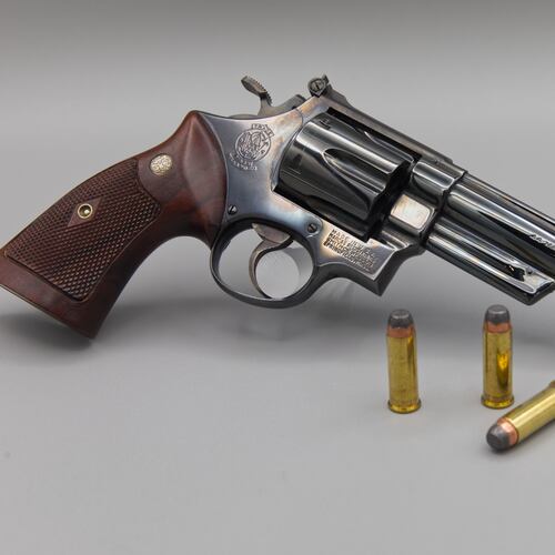 A Smith & Wesson Model 29 revolver chambered in .44 Magnum is displayed at the Shootit gun store in Phoenix, AZ, July 11, 2026. (AP Photo/Dario Lopez-Mills)