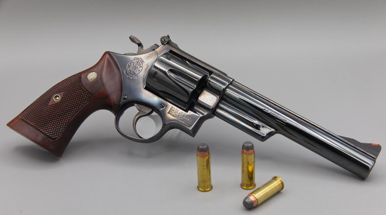 A Smith & Wesson Model 29 revolver chambered in .44 Magnum is displayed at the Shootit gun store in Phoenix, AZ, July 11, 2026. (AP Photo/Dario Lopez-Mills)