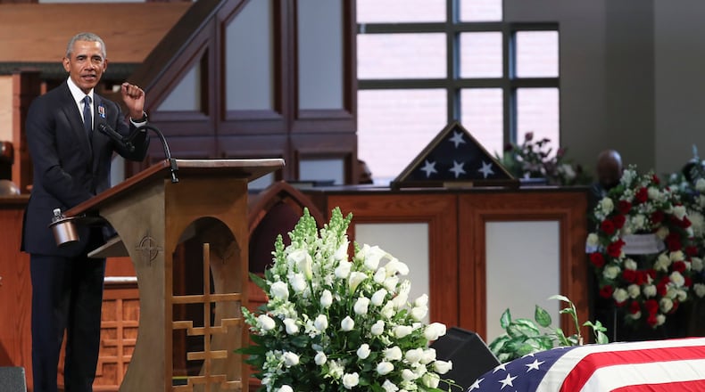 7/30/20 - Atlanta, GA - Former President Barack Obama, addresses the service. On the sixth day of the “Celebration of Life” for Rep. John Lewis, his funeral is held at Ebenezer Baptist Church in Atlanta, with burial to follow. Alyssa Pointer / alyssa.pointer@ajc.com