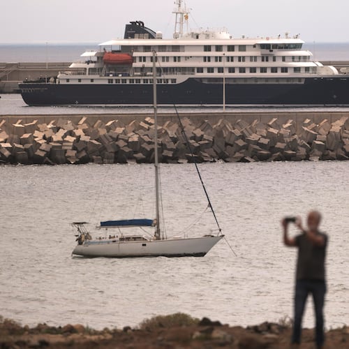The hantavirus-stricken cruise ship MV Hondius is seen at anchor at the port of Granadilla in Tenerife, Canary Islands, Spain, Monday, May 11, 2026. (AP Photo/Arturo Rodriguez)