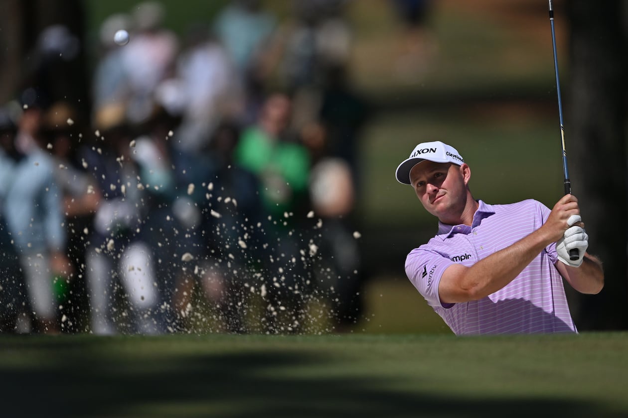 Sepp Straka hits out of bunker to 7th green during second round of the Masters, at Augusta National Golf Club, Friday, April 10, 2026, in Augusta, Georgia. (Hyosub Shin/AJC)