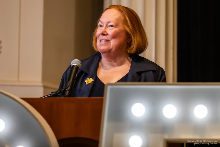 Melita Easters speaks Nov. 2, 2025, at the 25th anniversary gala of Georgia WIN List, the organization she co-founded to elected pro-choice Democratic women to office in Georgia.