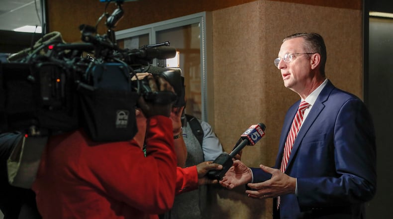 March 2, 2020 - Atlanta - Congressman Doug Collins, R-Ga., talks with the media after he signed in at the Secretary of States office to qualify  for the special election to fill Sen. Johnny Isakson's former seat. A large turnout by both Democrats and Republicans on the first day of election qualifying resulted in long lines of politicians waiting to sign in.   Bob Andres / robert.andres@ajc.com