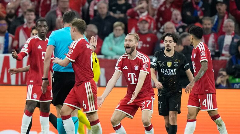 Bayern's Konrad Laimer gestures during the Champions League semifinal second leg soccer match between Bayern Munich and Paris Saint Germain in Munich, Germany, Wednesday, May 6, 2026. (AP Photo/Matthias Schrader)