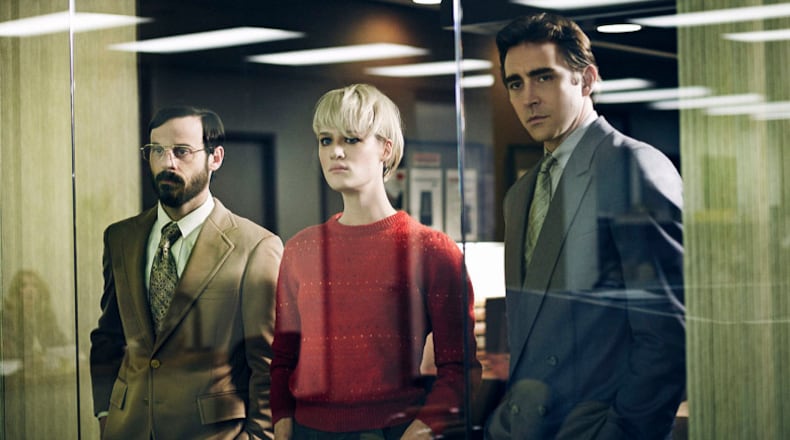 Scoot McNairy as Gordon Clark, Mackenzie Davis as Cameron Howe and Lee Pace as Joe MacMillan - Halt and Catch Fire _ Season 1, Gallery - Photo Credit: James Minchin III/AMC