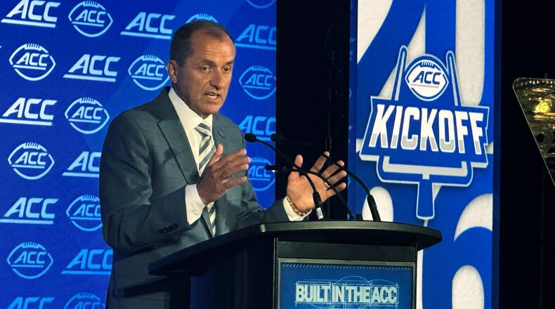 ACC commissioner Jim Phillips speaks during ACC Kickoff preseason football media days, Wednesday, July 15, 2026 in Charlotte, N.C. (AP Photo/Aaron Beard)