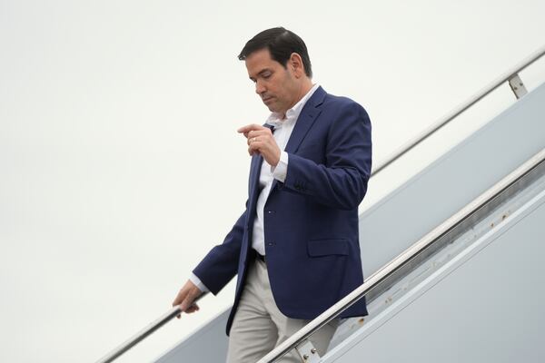 Secretary of State Marco Rubio arrives on Air Force One at Hagerstown Regional Airport, in Hagerstown, Md., on his was to Camp David, Md., Sunday, June 8, 2025. (AP Photo/Manuel Balce Ceneta)