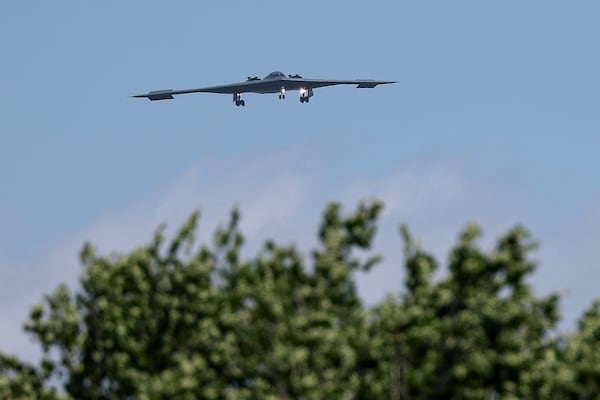 A B-2 bomber arrives at Whiteman Air Force Base Mo., Sunday, June 22, 2025, after returning from a massive strike on Iranian nuclear sites on Saturday. (AP Photo/David Smith)