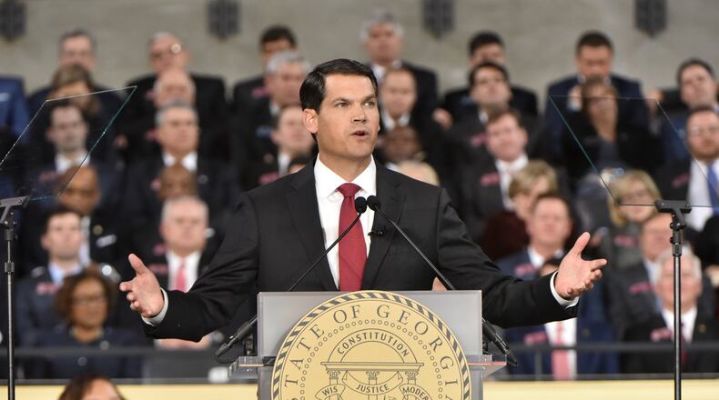 Lt. Gov. Geoff Duncan speaks at his swearing-in ceremony Monday at McCamish Pavilion on the campus of Georgia Tech. HYOSUB SHIN / HSHIN@AJC.COM
