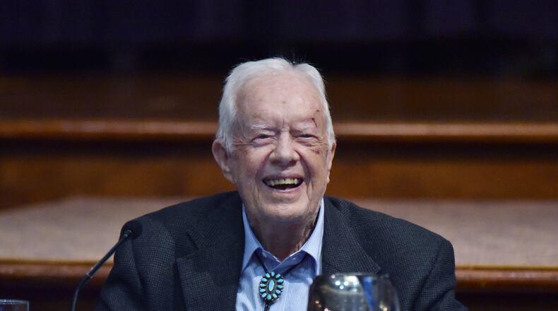 October 15, 2019 Atlanta - Former President Jimmy Carter reacts as he listens to a speaker during the12th Human Rights Defenders Forum at the Carter Center on Tuesday, October 15, 2019.  (Hyosub Shin / Hyosub.Shin@ajc.com)