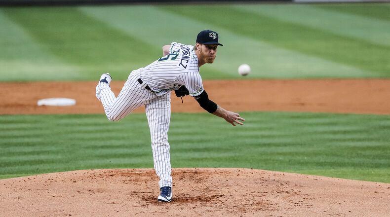 As a Gwinnett Striper, Mike Foltynewicz makes a familiar delivery in unfamiliar clothing. (Photo: Karl L. Moore/Gwinnett Stripers)