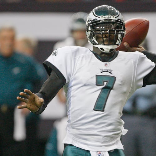FILE - Philadelphia Eagles quarterback Michael Vick throws in the first quarter during an NFL football game against the Atlanta Falcons, Dec. 6, 2009 in Atlanta. (AP Photo/John Bazemore, file)