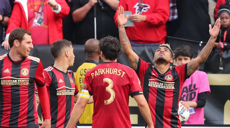 March 18, 2017, Atlanta: Atlanta United forward Josef Martinez (right) celebrates his second of two goals against the Chicago Fire for a 4-0 victory in their MLS game on Saturday, March 18, 2017, in Atlanta.    Curtis Compton/ccompton@ajc.com