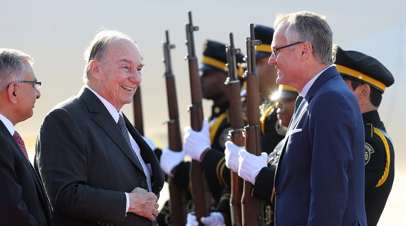 Lt. Governor Casey Cagle welcomes His Highness the Aga Khan, the 49th hereditary Imam (spiritual leader) of the world’s Shia Ismaili Muslim Community, as he arrives at Fulton County Airport. CURTIS COMPTON/CCOMPTON@AJC.COM