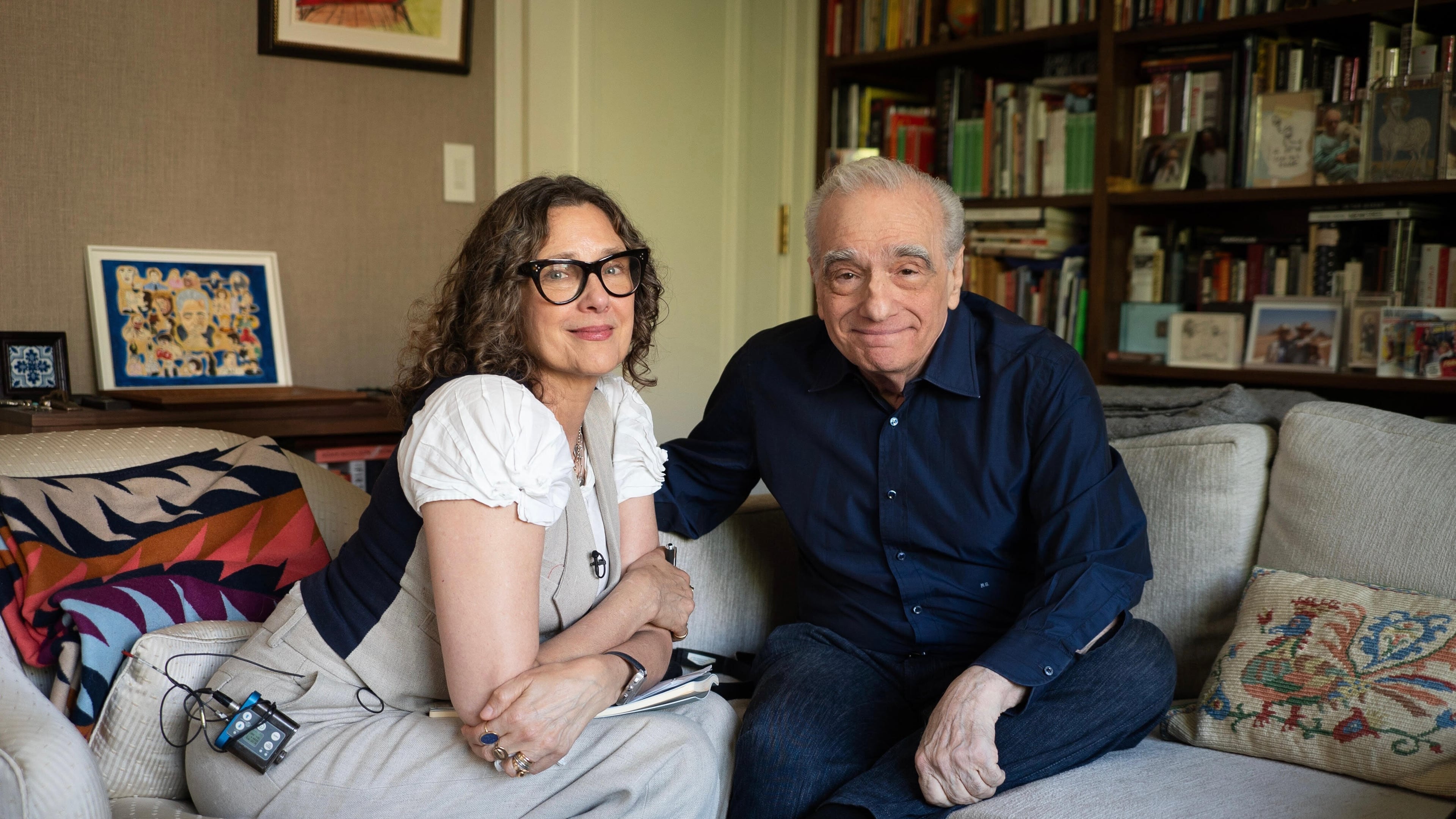 This image released by Apple TV+ shows Rebecca Miller, left, with Martin Scorsese from the documentary series "Mr. Scorsese." (Apple TV+ via AP)