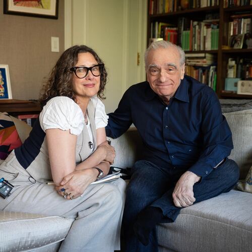 This image released by Apple TV+ shows Rebecca Miller, left, with Martin Scorsese from the documentary series "Mr. Scorsese." (Apple TV+ via AP)