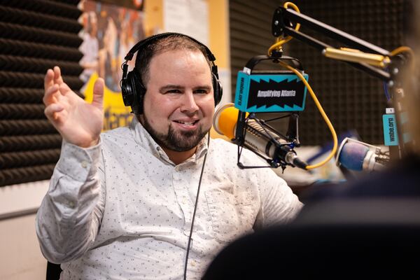 Guest Christopher Escobar, owner of the Tara and Plaza theaters, is seen during a pre-taped interview for City Lights at WABE in Atlanta on Tuesday, May 27, 2025. (Arvin Temkar/AJC)