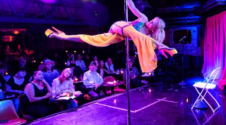 Mary Serritella, 71, performs in front of a live audience during the Comedy Pole Show at the Bourbon Room on Sept. 18, 2024, in Hollywood, California. (Gina Ferazzi/Los Angeles Times/TNS)