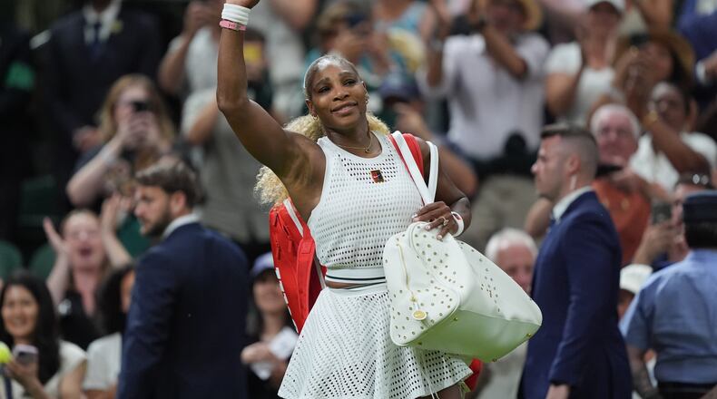 Serena Williams of the United States greets the audience as she leaves after losing to Maya Joint of Australia in their first round women's singles match at the Wimbledon Tennis Championships in London, Tuesday, June 30, 2026. (AP Photo/Maja Smiejkowska)