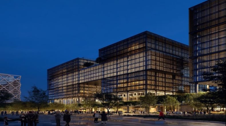 A rendering of the proposed mixed-use development by developer New City. The company has proposed a mix of office towers, apartments, a hotel and retail. The company sought $22.5 million in tax breaks that critics say is a giveaway for a coveted land that will be developed anyway. SPECIAL TO THE AJC