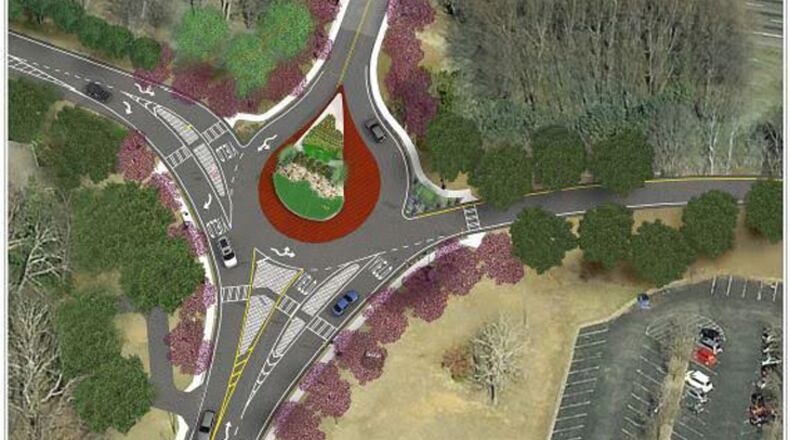 Artist’s rendering depicts one of two roundabouts constructed at the interchange of Riverside Drive and I-285 in Sandy Springs. GEORGIA DEPARTMENT OF TRANSPORTATION