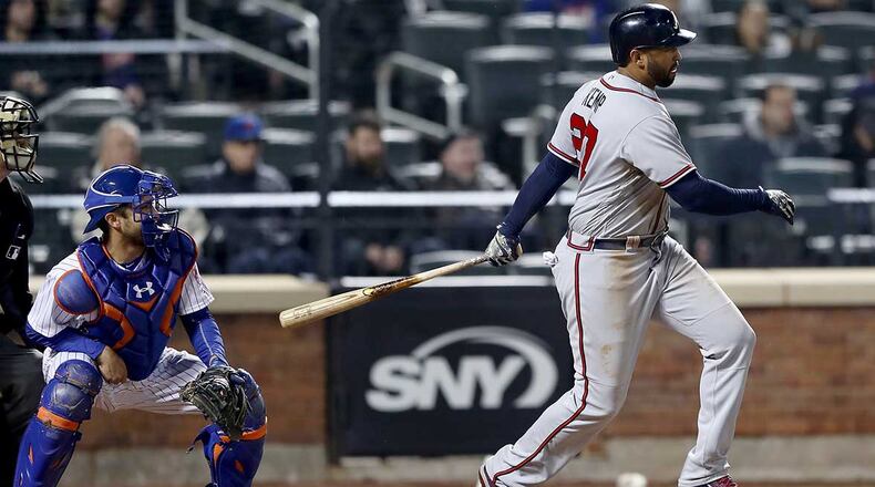 Matt Kemp doubles against the Mets in the 12th inning of the team's lone win of the season.