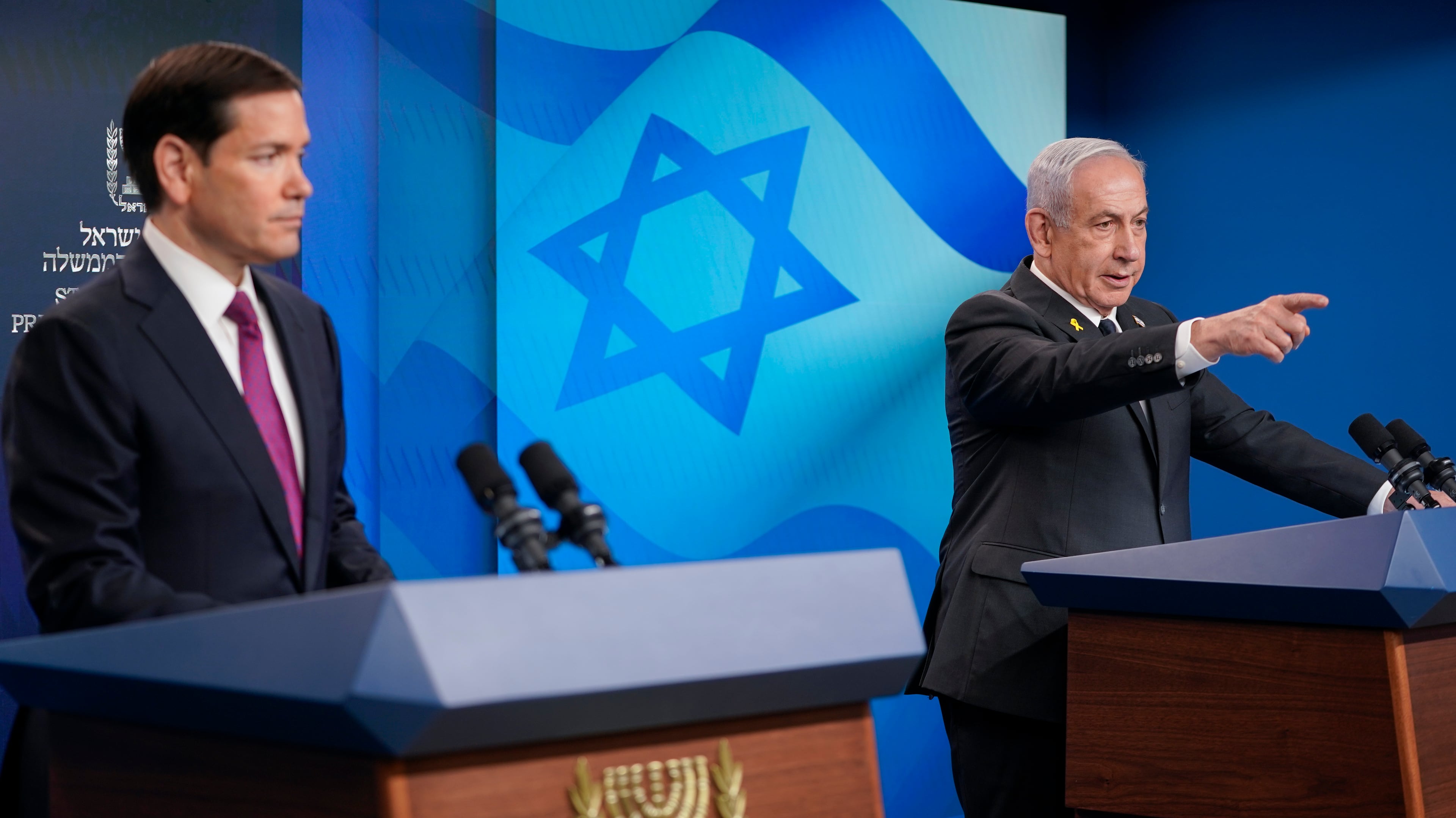 Israeli Prime Minister Benjamin Netanyahu and U.S. Secretary of State Marco Rubio hold a joint press conference at the Prime Minister's Office, during Rubio's visit, in Jerusalem, Monday, Sept. 15, 2025. (Nathan Howard/Pool Photo via AP)