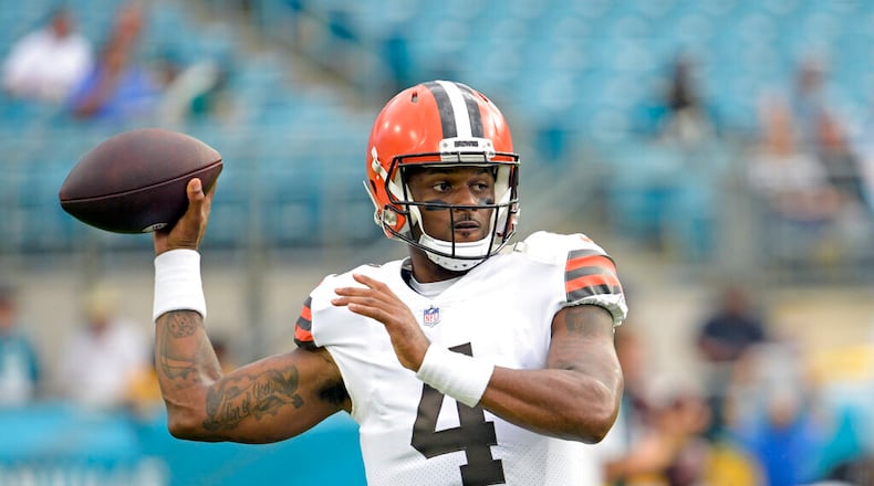 Cleveland Browns quarterback Deshaun Watson (4) warm up before an NFL preseason football game against the Jacksonville Jaguars, Friday, Aug. 12, 2022, in Jacksonville, Fla. (AP Photo/Phelan M. Ebenhack)