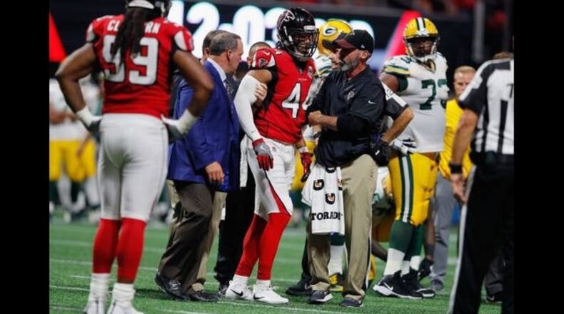 <p>Vic Beasley was injured in the second half of the Falcons game Sunday night in Atlanta.</p>