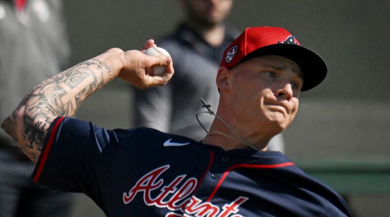 Atlanta Braves starting pitcher AJ Smith-Shawver throws during spring training workouts at CoolToday Park, Monday, February, 19, 2024, in North Port, Florida. (Hyosub Shin / Hyosub.Shin@ajc.com)